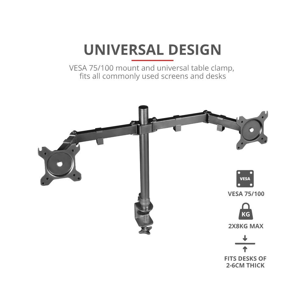 TRUST GXT 1120 Mara Dual Monitor Arm, VESA 75x75mm, 100x100mm, max 2x8kg weight, up to 32