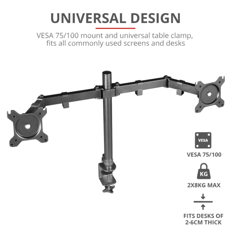 TRUST GXT 1120 Mara Dual Monitor Arm, VESA 75x75mm, 100x100mm, max 2x8kg weight, up to 32
