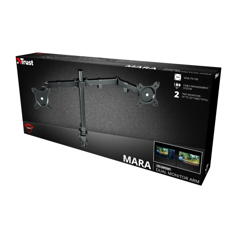 TRUST GXT 1120 Mara Dual Monitor Arm, VESA 75x75mm, 100x100mm, max 2x8kg weight, up to 32