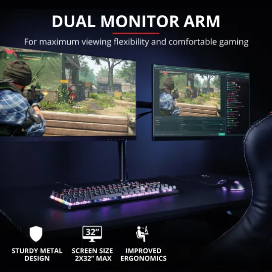TRUST GXT 1120 Mara Dual Monitor Arm, VESA 75x75mm, 100x100mm, max 2x8kg weight, up to 32