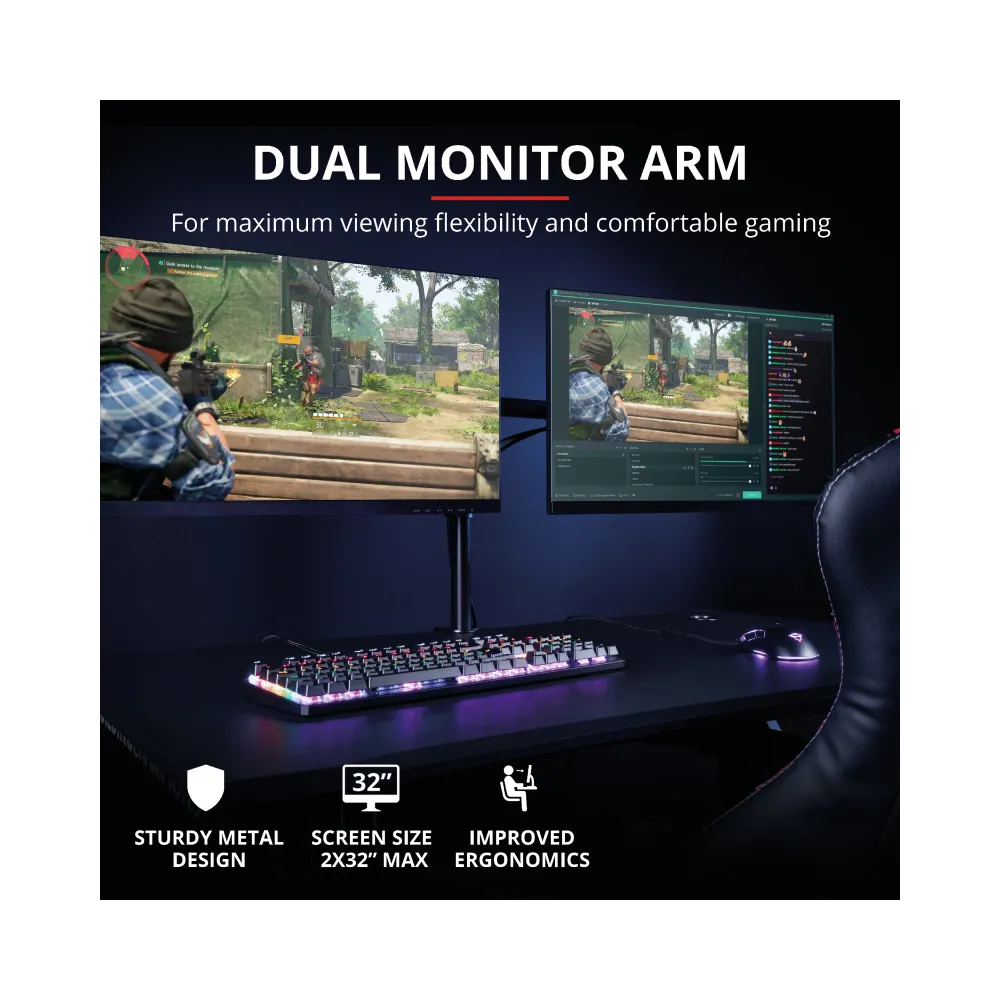TRUST GXT 1120 Mara Dual Monitor Arm, VESA 75x75mm, 100x100mm, max 2x8kg weight, up to 32