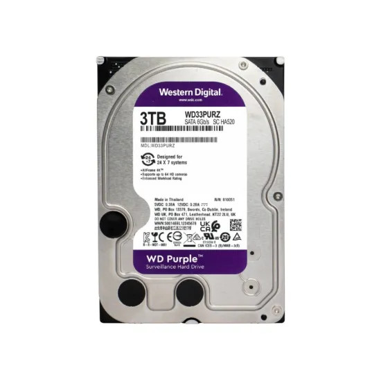 WD PURPLE HDD 3TB Surveillance, 256MB cache, 5400 RPM, up to 175MB/s transfer rate, 24/7