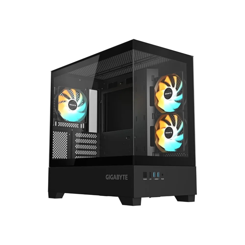 GIGABYTE C201 Panoramic Mid Tower PC Case(mini-ITX/m-ATX), Pre-installed 3 ARGB fans, USB*2, Black