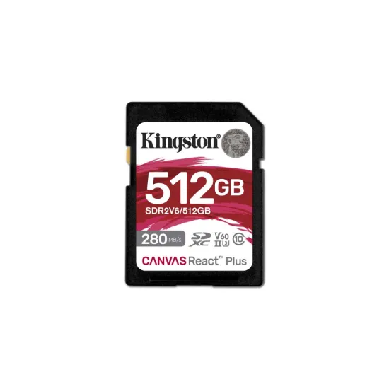 KINGSTON 512GB Canvas React Plus V60 SD Memory Card, UHS-II, V60, 280MB/s R, up to 150MB/s W, 4K/FHD