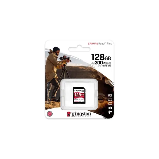 KINGSTON Canvas React Plus SD Card 128GB, Class 10, UHS-II, U3, V90, 300MB/s R, 260MB/s W, 8K/3D/VR