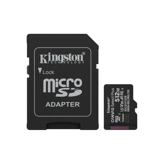 KINGSTON Micro SDXC 512GB CANVAS Select Plus C10 + SD Adapter, A1, U3, V30 up to 150 MB/s , UHS-I