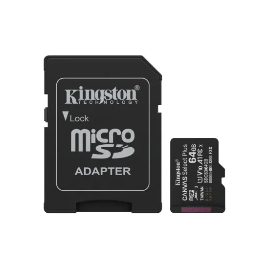 KINGSTON Micro SDXC 64GB CANVAS Select Plus C10 + SD Adapter, A1, U1, V10 up to 100 MB/s , UHS-I