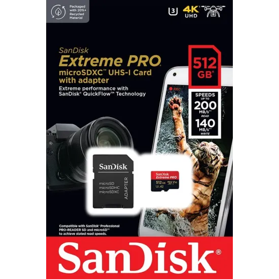 SanDisk Extreme PRO microSDXC 512GB + SD adapter,up to Read/Write(MB/s): 200/140,A2,C10,V30,UHS-I,U3
