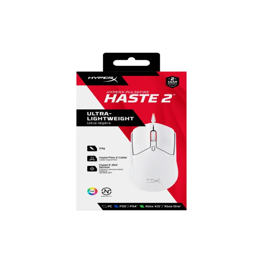HyperX Pulsefire Haste 2 Wired Gaming Mouse/650 IPS/Up to 26000 DPI/RGB/White/Low-friction skates