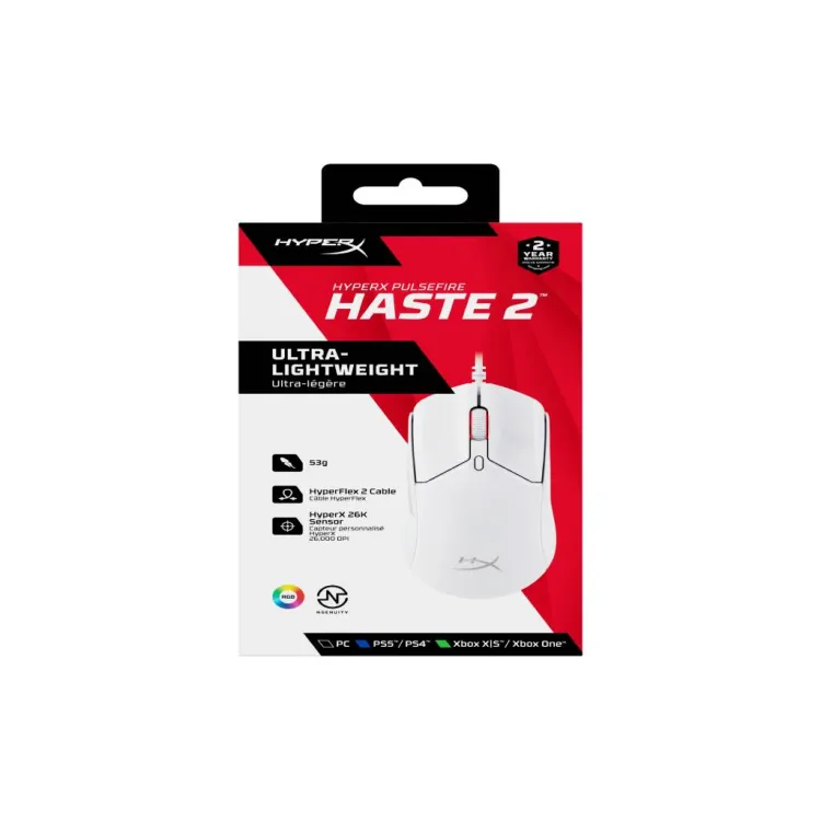 HyperX Pulsefire Haste 2 Wired Gaming Mouse/650 IPS/Up to 26000 DPI/RGB/White/Low-friction skates