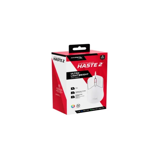 HyperX Pulsefire Haste 2 Wired Gaming Mouse/650 IPS/Up to 26000 DPI/RGB/White/Low-friction skates