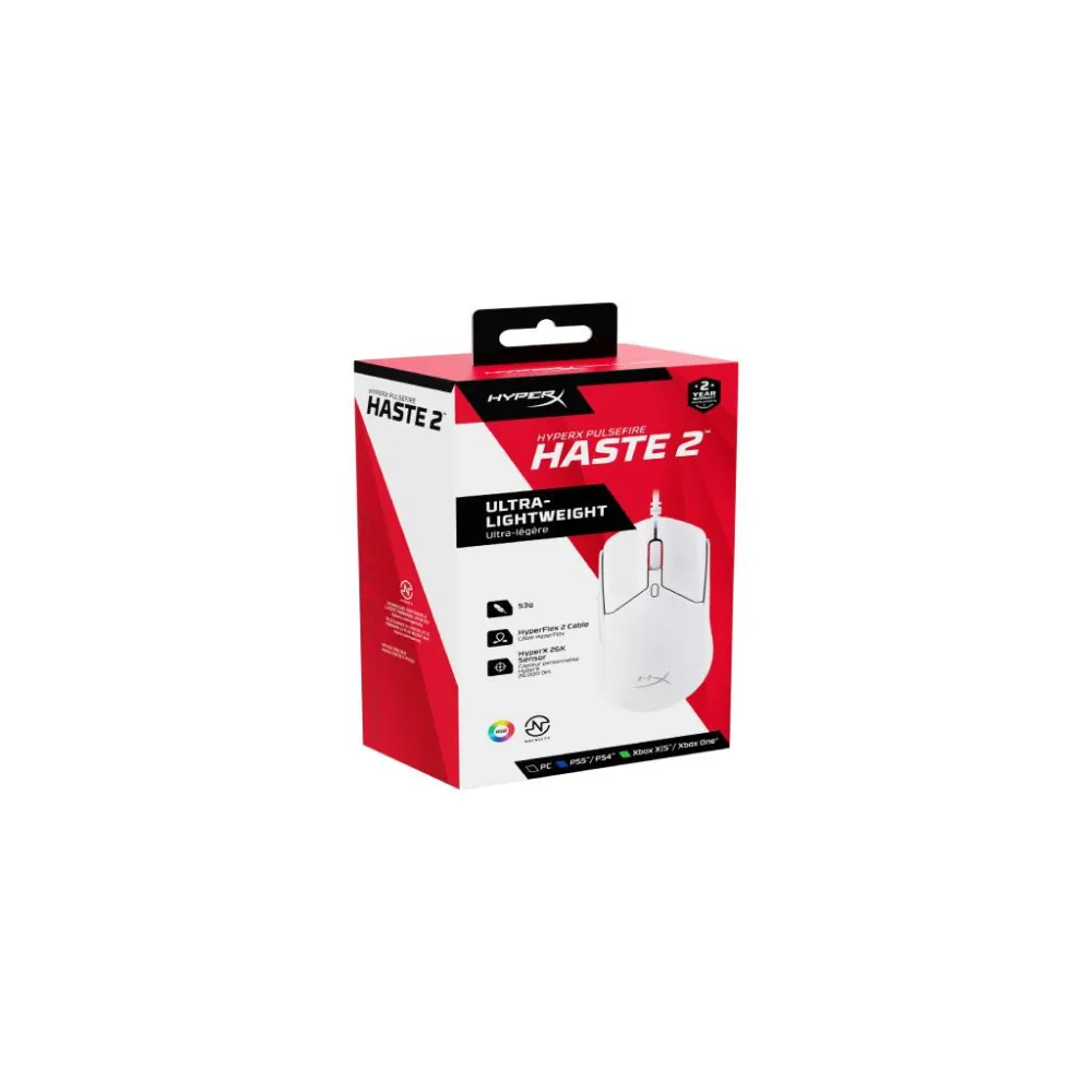 HyperX Pulsefire Haste 2 Wired Gaming Mouse/650 IPS/Up to 26000 DPI/RGB/White/Low-friction skates