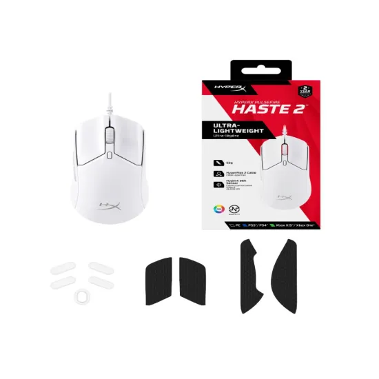 HyperX Pulsefire Haste 2 Wired Gaming Mouse/650 IPS/Up to 26000 DPI/RGB/White/Low-friction skates