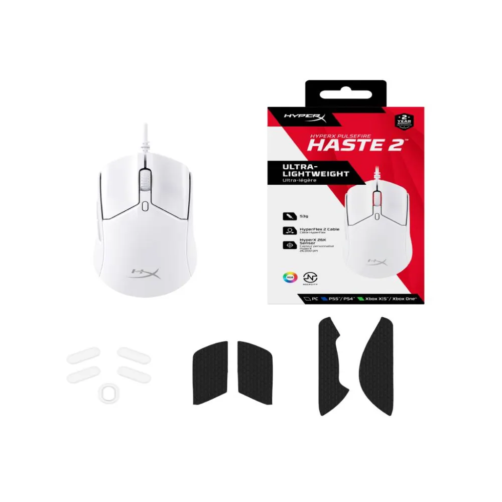 HyperX Pulsefire Haste 2 Wired Gaming Mouse/650 IPS/Up to 26000 DPI/RGB/White/Low-friction skates