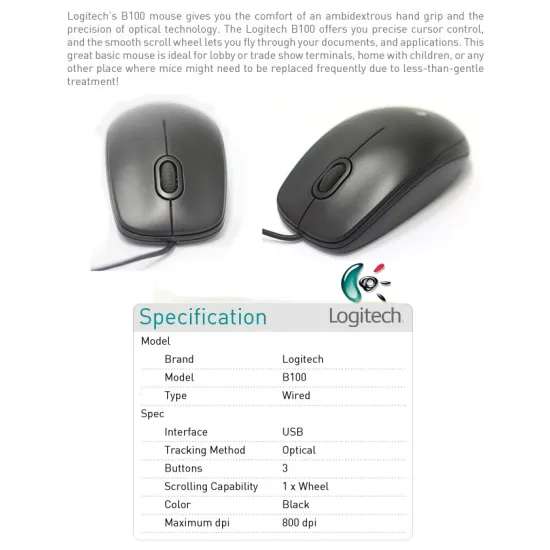 LOGITECH B100, Optical USB Mouse, Black OEM