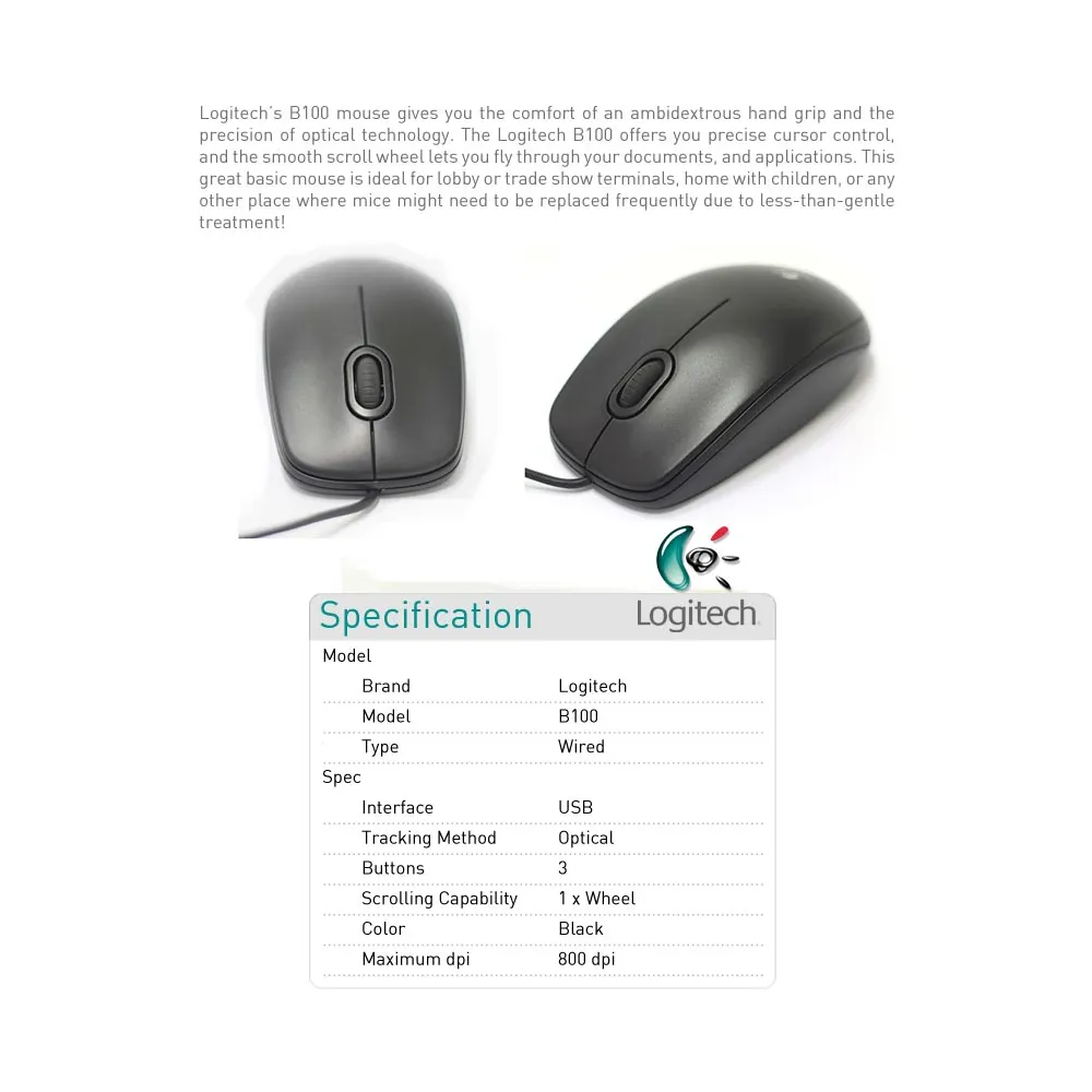 LOGITECH B100, Optical USB Mouse, Black OEM