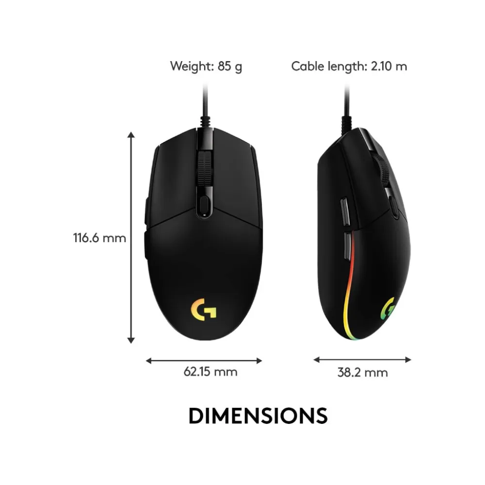 LOGITECH G203 LIGHTSYNC RGB 6 Button Gaming Mouse, 200-8000 DPI, Cable length: 2.1 m
