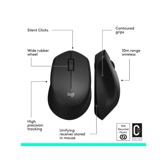 LOGITECH M330 Silent Plus Wireless Optical Mouse, 1000 DPI, 3 Buttons, 1x AA Battery, Black