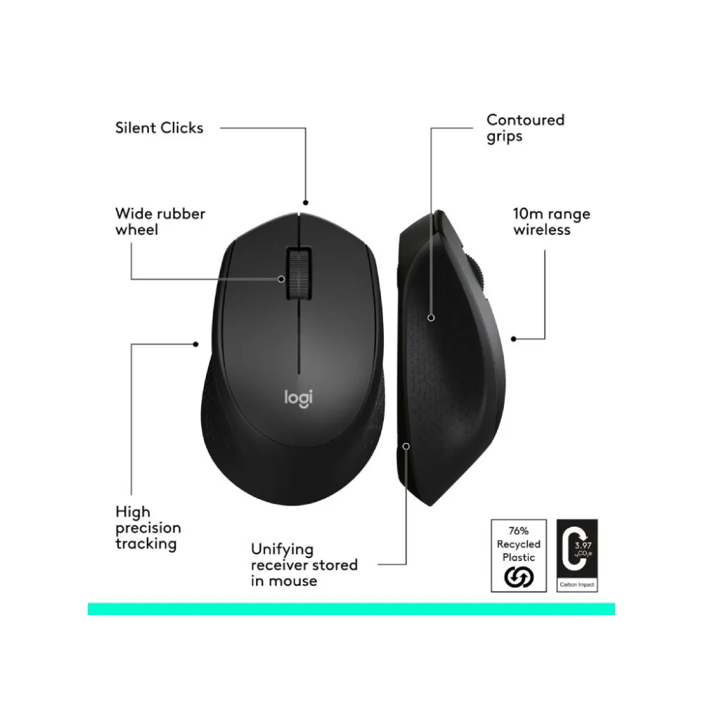 LOGITECH M330 Silent Plus Wireless Optical Mouse, 1000 DPI, 3 Buttons, 1x AA Battery, Black