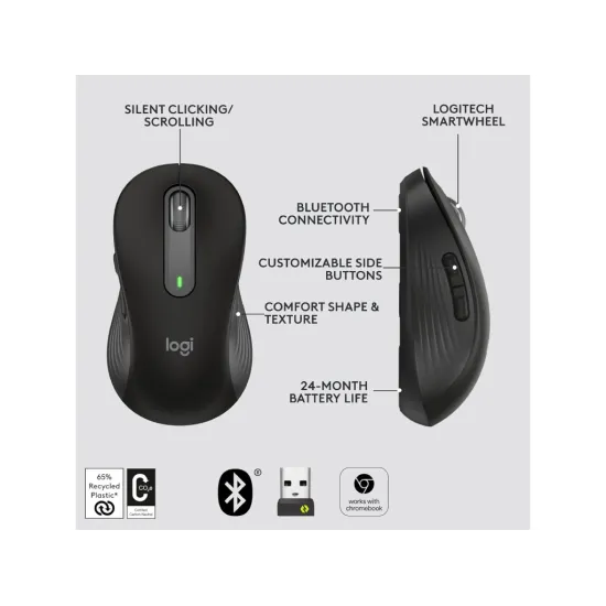 LOGITECH Signature M650 Wireless Bluetooth Mouse, 4000 dpi, 10 m wireless range, Graphite