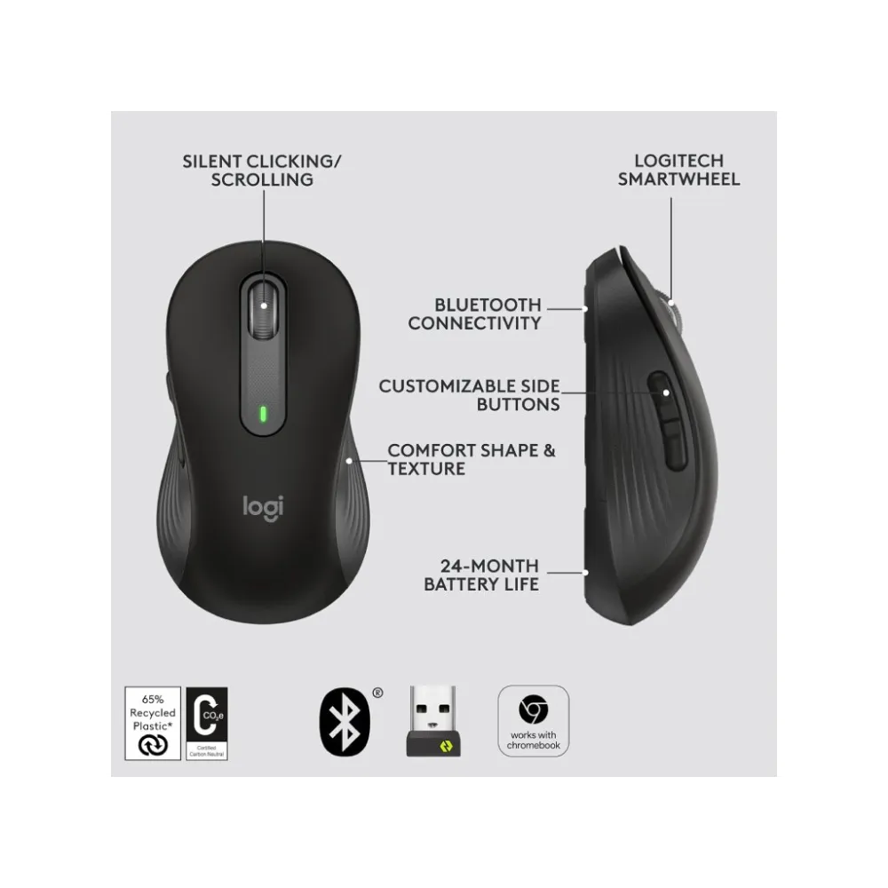 LOGITECH Signature M650 Wireless Bluetooth Mouse, 4000 dpi, 10 m wireless range, Graphite