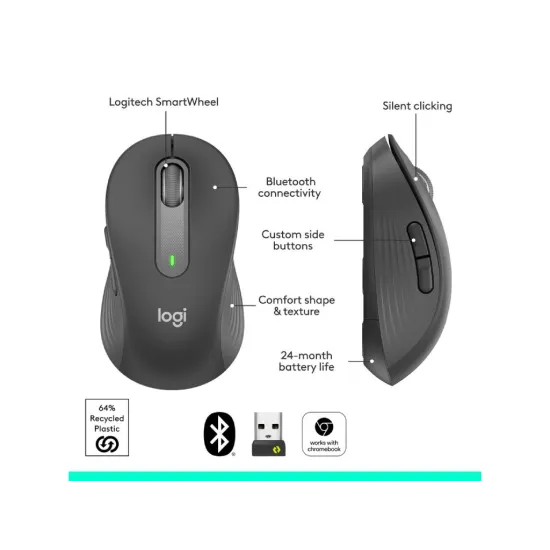 LOGITECH Signature M650 Wireless Bluetooth Mouse, Large, 4000 dpi, 10 m wireless range, Graphite