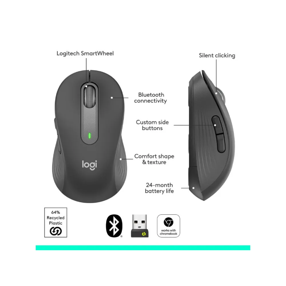 LOGITECH Signature M650 Wireless Bluetooth Mouse, Large, 4000 dpi, 10 m wireless range, Graphite