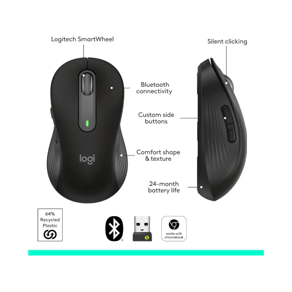LOGITECH Signature M650 Wireless Mouse for Business, 400-4000 DPI, Bluetooth, 10m, 1x AA battery