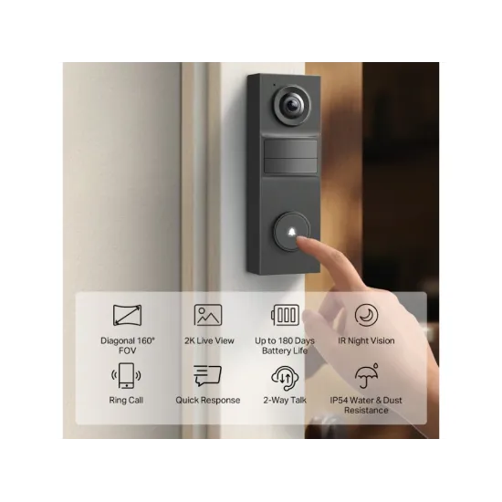 TP-LINK TAPO D205 Smart Video Doorbell Mini 2K Live View, Ultra-Wide 160 FOV, Built-in Battery, IP54