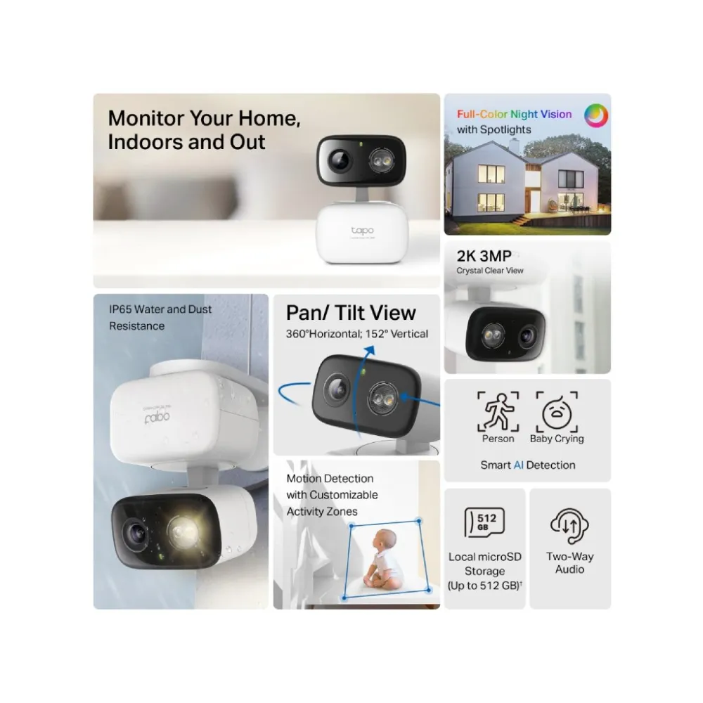 TP-LINK TAPO C216 2K 3MP Indoor/Outdoor Home Security Wi-Fi Camera,Pan and Tilt, Sound & Light Alarm