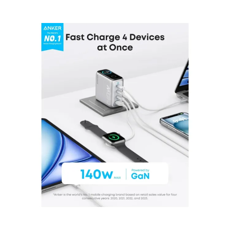 140W GaN zidni brzi punjač, 4-porta (3x USB-C i 1x USB-A) sa USB-C M/M pletenim kablom, srebrni