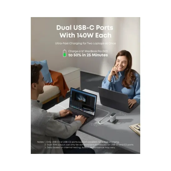140W GaN zidni brzi punjač, 4-porta (3x USB-C i 1x USB-A) sa USB-C M/M pletenim kablom, srebrni