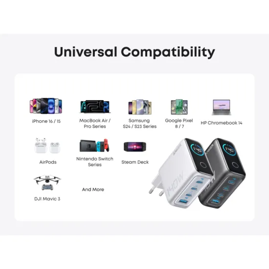 140W GaN zidni brzi punjač, 4-porta (3x USB-C i 1x USB-A) sa USB-C M/M pletenim kablom, srebrni