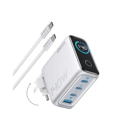 140W GaN zidni brzi punjač, 4-porta (3x USB-C i 1x USB-A) sa USB-C M/M pletenim kablom, srebrni