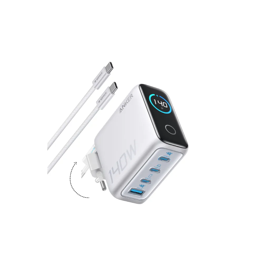 140W GaN zidni brzi punjač, 4-porta (3x USB-C i 1x USB-A) sa USB-C M/M pletenim kablom, srebrni
