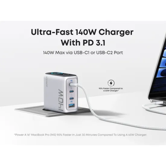 140W GaN zidni brzi punjač, 4-porta (3x USB-C i 1x USB-A) sa USB-C M/M pletenim kablom, srebrni