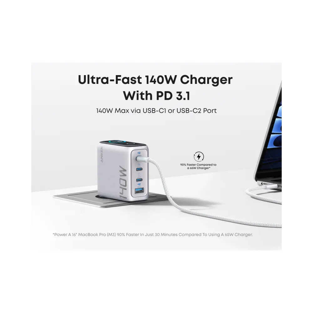 140W GaN zidni brzi punjač, 4-porta (3x USB-C i 1x USB-A) sa USB-C M/M pletenim kablom, srebrni