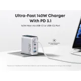 140W GaN zidni brzi punjač, 4-porta (3x USB-C i 1x USB-A) sa USB-C M/M pletenim kablom, srebrni