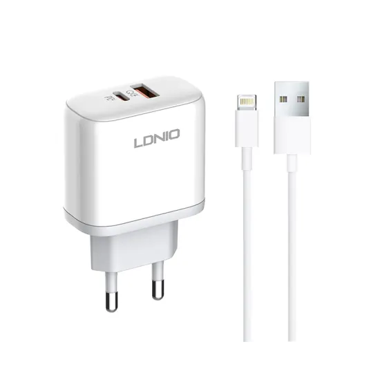 A2526C 45W QC4.0 Dual USB-A/USB-C punjač beli + lightning kabl