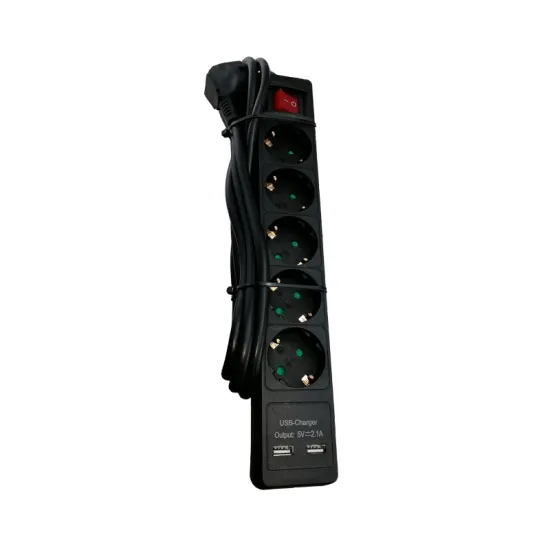 Kabl naponski produžni 5 x šuko + 2xUSB 2m sa prekidacem i zaštitom (crni)