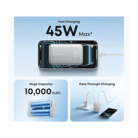 Nano 10000mAh, 45W, sa ugrađenim USB-C kablom na izvlačenje, Power Bank beli