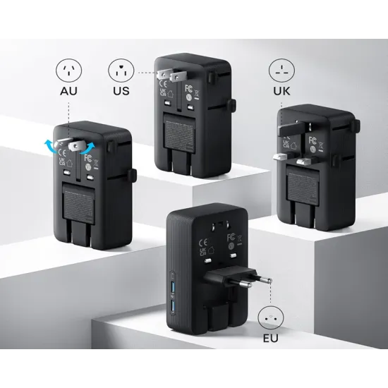 Nano 20W putni zidni punjač 5-portova (2x USB-A, 2x USB-C, utičnica EU na US, UK, AU i EU), crni