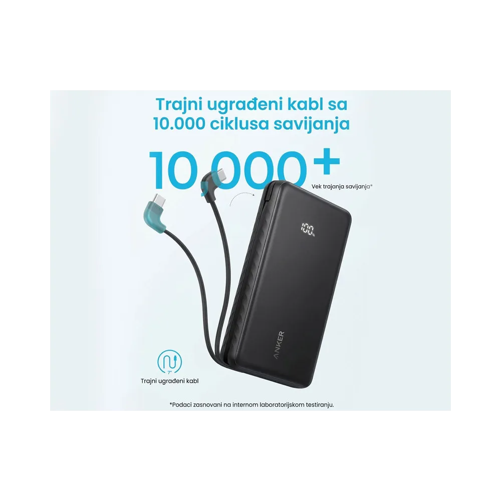 Zolo 20000mAh, 22.5W, sa ugrađenim USB-C kablom, Power Bank crni