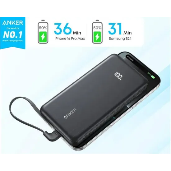 Zolo 20000mAh, 22.5W, sa ugrađenim USB-C kablom, Power Bank crni