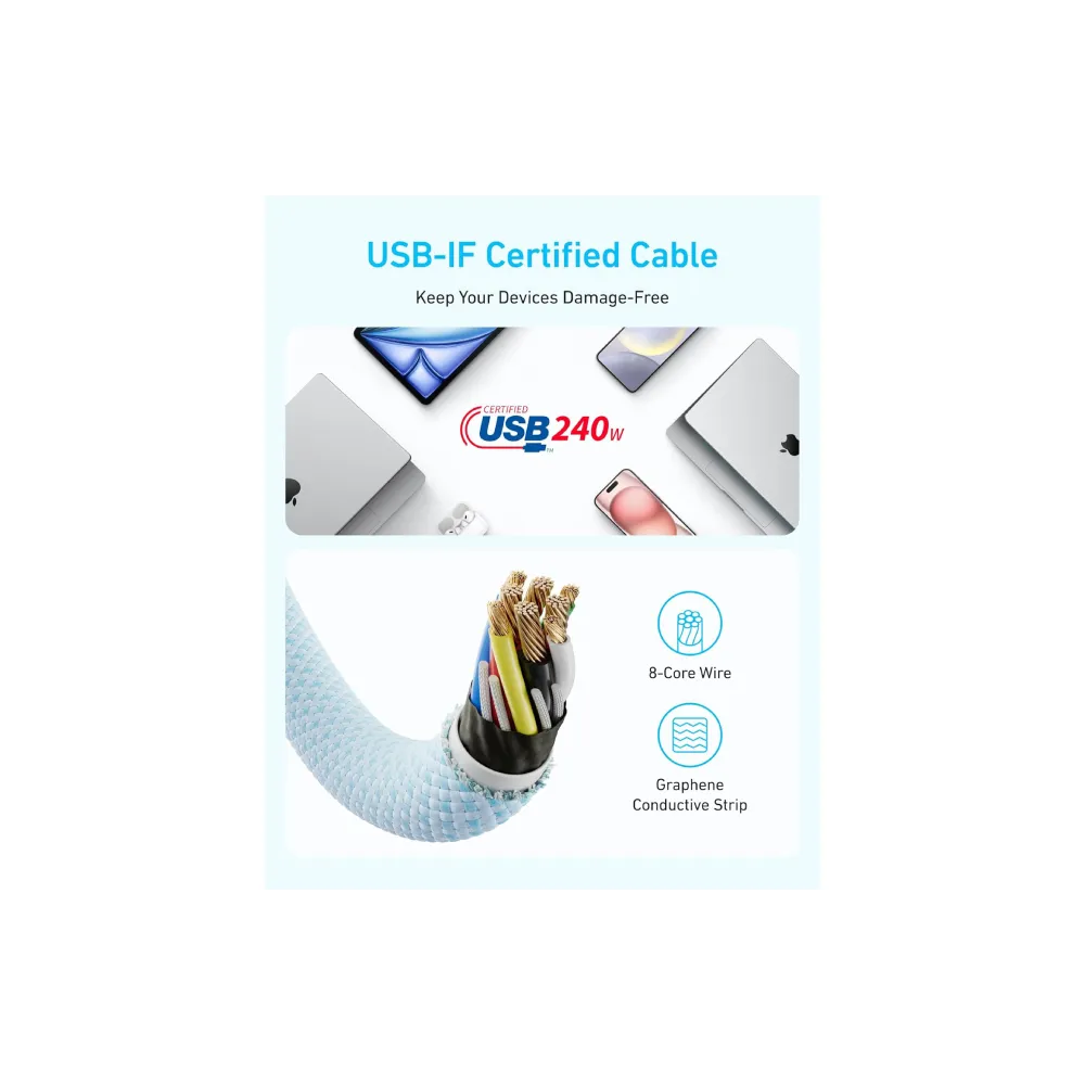Zolo USB tip-C kabl M/M 1m, za Apple, super brzo punjenje 240W/480Mbps, pleteni, beli