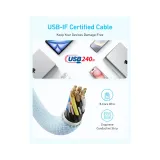 Zolo USB tip-C kabl M/M 1m, za Apple, super brzo punjenje 240W/480Mbps, pleteni, beli