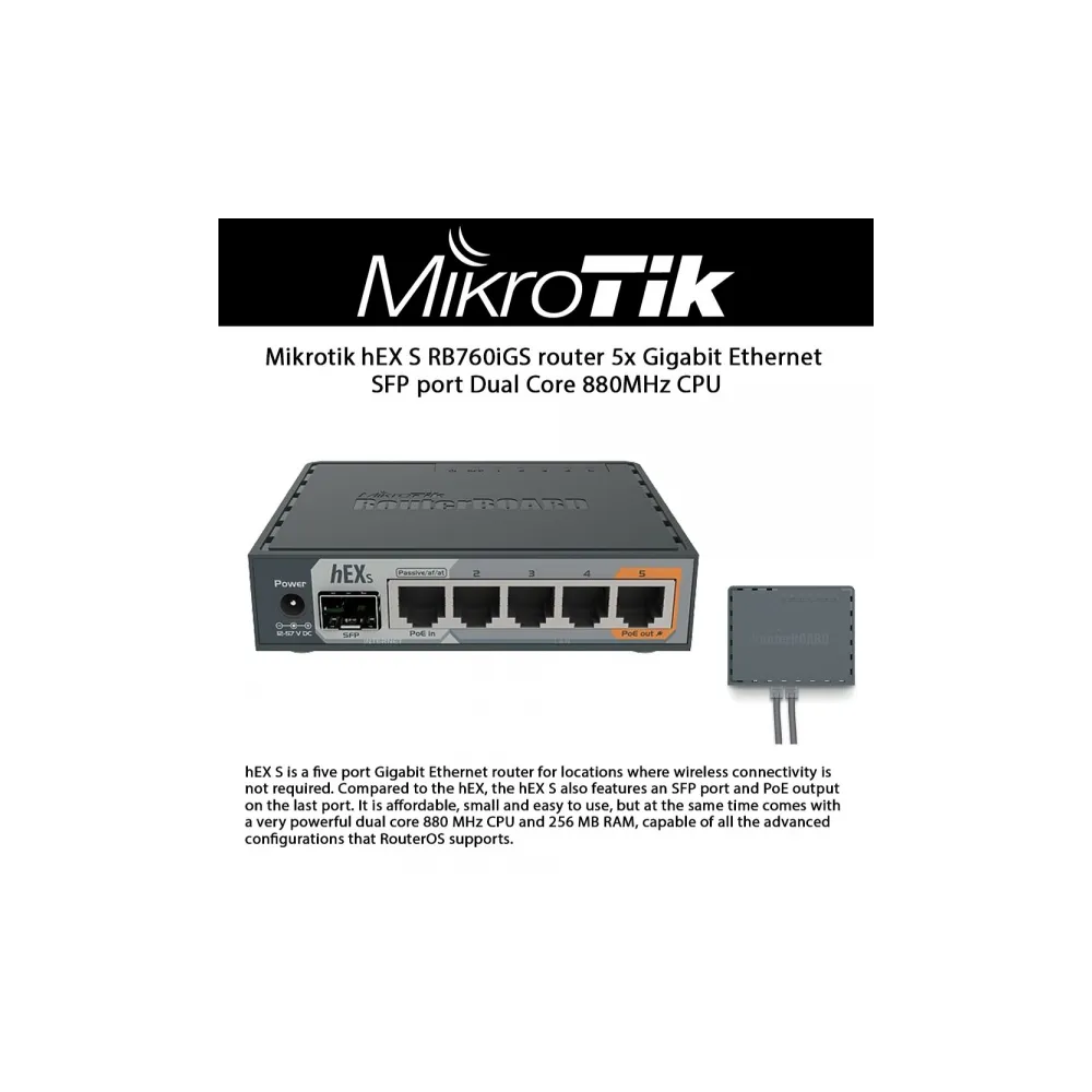 Mikrotik Router hEX S (RB760iGS) 5x Gigabit Ethernet, SFP, Dual Core 880MHz CPU, 256MB RAM, USB, microSD, RouterOS L4, IPsec har