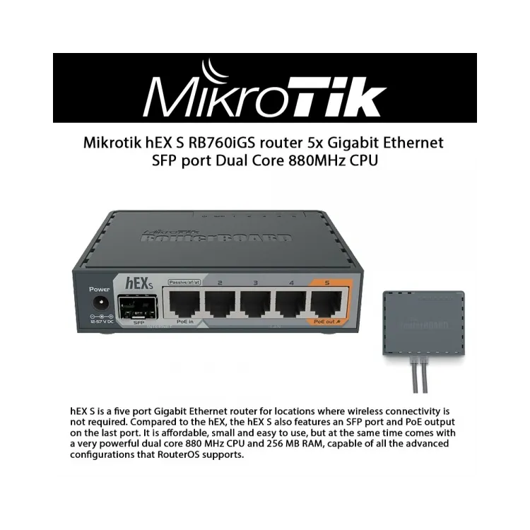 Mikrotik Router hEX S (RB760iGS) 5x Gigabit Ethernet, SFP, Dual Core 880MHz CPU, 256MB RAM, USB, microSD, RouterOS L4, IPsec har