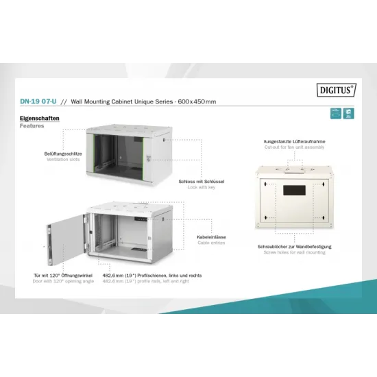 Digitus 7U network rack, 19 , wall, 600x450 mm, sivi