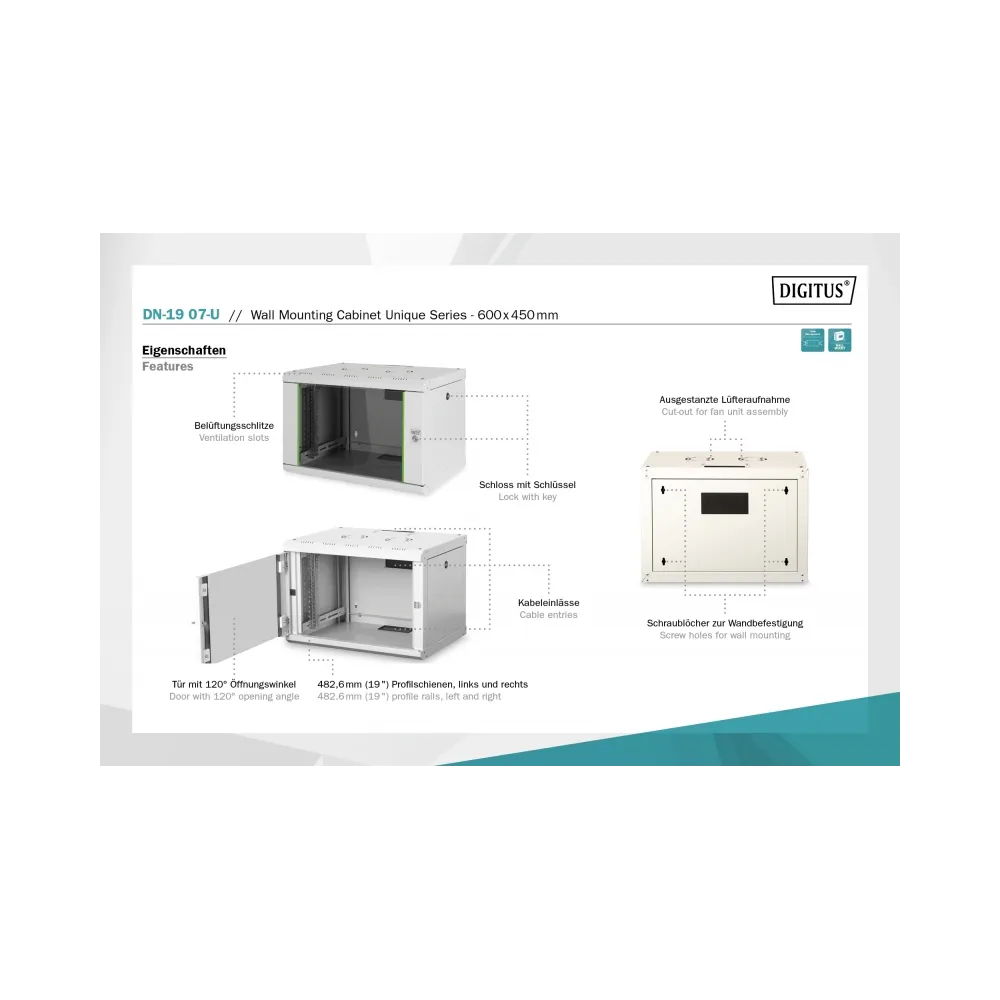 Digitus 7U network rack, 19 , wall, 600x450 mm, sivi